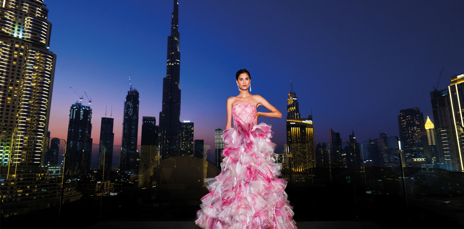 A memorable moment at the Armani Hotel Pavilion in Dubai as the lights  of the metropolis provided the backdrop  for the 110 looks that emerged on the catwalk